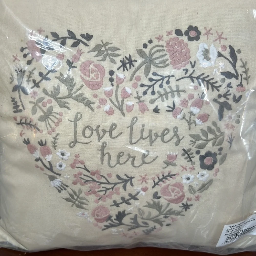 Primitives By Kathy Floral Embroidered Love Lives Here Pillow